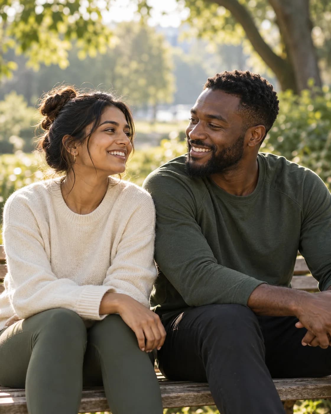 AI-created illustration of two adults sharing a quiet moment in a sunlit park