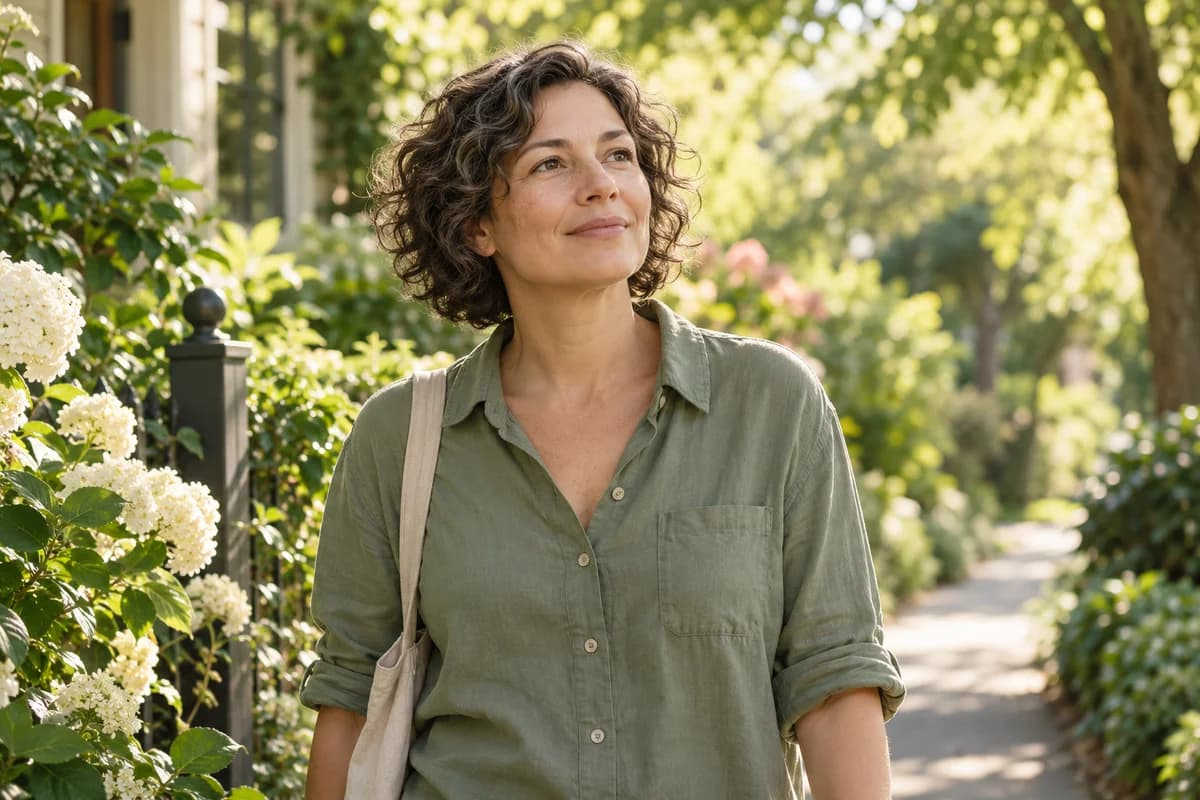AI-created illustration of a woman enjoying a peaceful garden walk